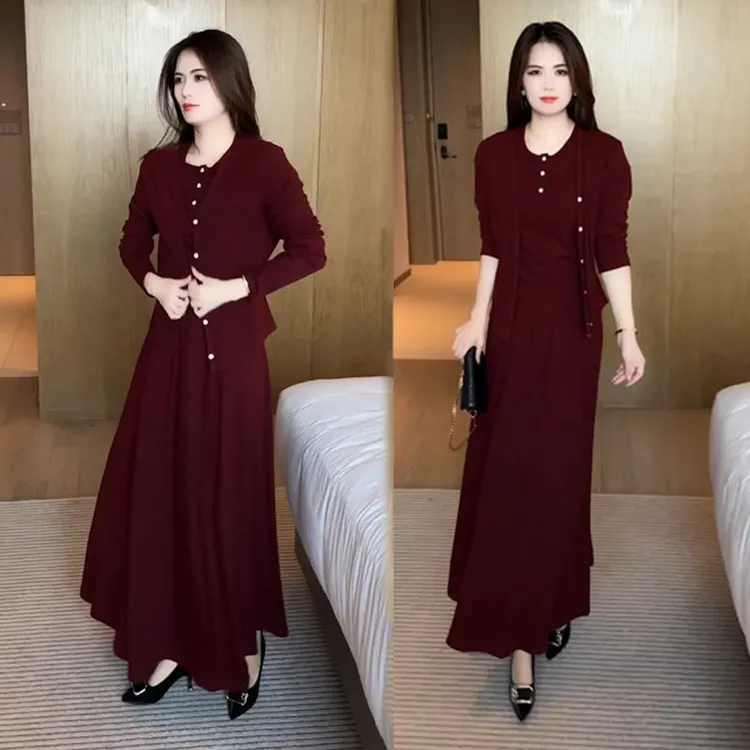 春秋新款早秋洋气减龄休闲弹力套裙女时尚纯色上衣开衫裙子三件套