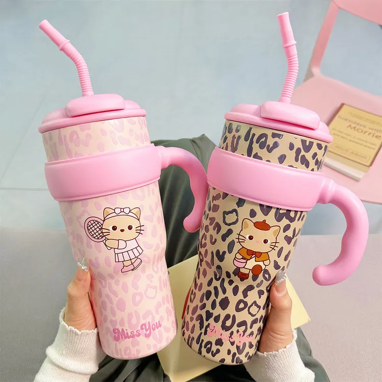 豹纹双饮冰霸杯新款高颜值女生带茶隔保温杯可爱大容量吸管水杯子