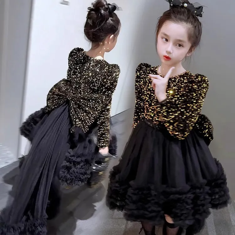 女童公主裙秋冬高端小女孩加绒亮片连衣裙儿童洋气新年红色拜年服