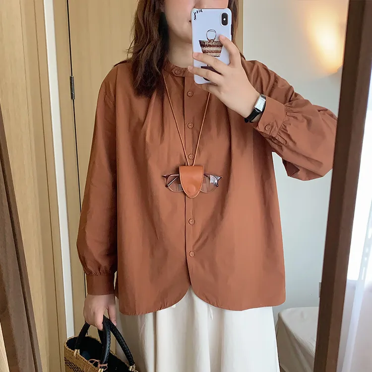西兰花花 纯棉南瓜色秋季衬衫日系文艺女款圆领宽松长袖休闲衬衣