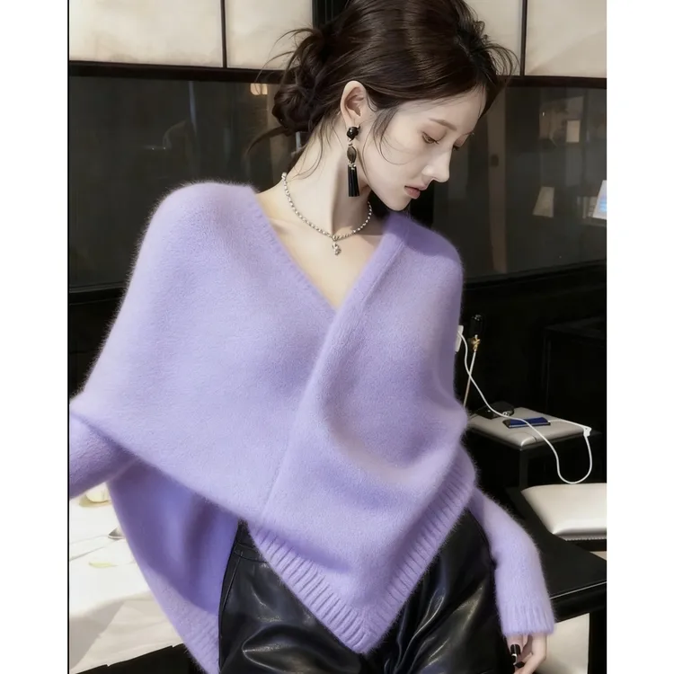 紫色不规则针织毛衣时尚设计感皮短裤两件套女2025新款韩系穿搭