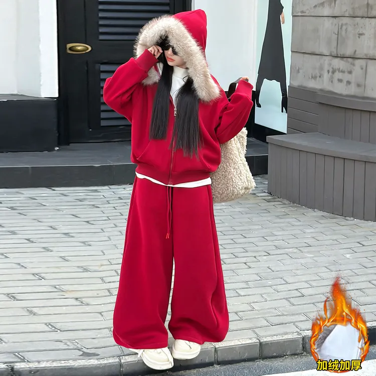 女童红色卫衣套装加绒加厚秋冬2025新款儿童冬装洋气大童新年衣服