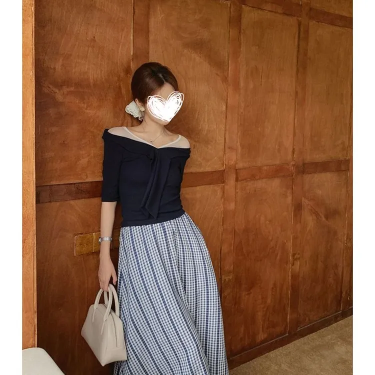 FRVXO圣约瑟少女 夏修身显瘦百搭小众上衣松紧腰格纹高腰半身裙