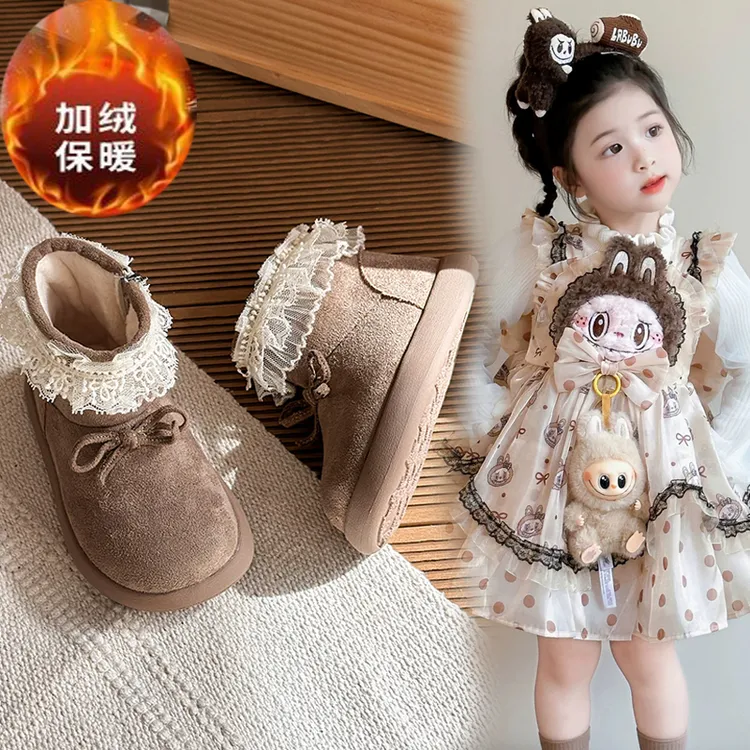 女童法式小皮靴加绒秋冬女宝宝蕾丝花边公主短靴软底英伦风马丁靴