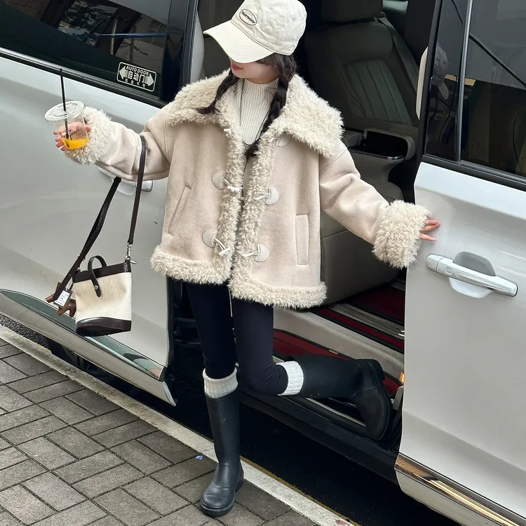 女童加绒外套2025新款6-12岁皮毛一体秋冬装儿童加厚羊羔绒上衣