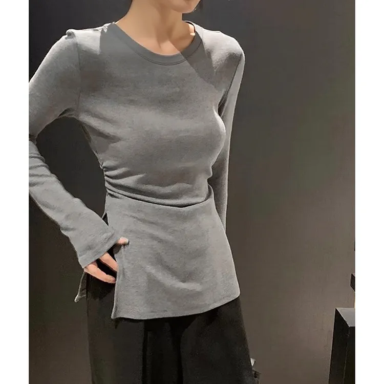 翰代维德绒长袖T恤女秋冬新款开叉设计感修身显瘦双面绒打底上衣