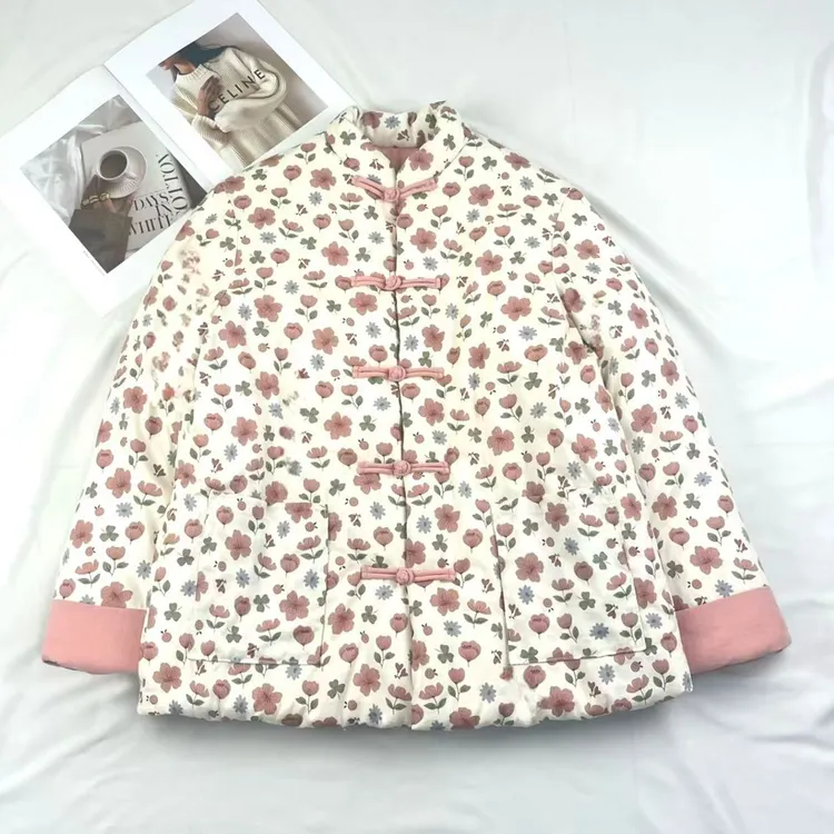厚款棉衣立领长袖保暖碎花棉袄常规袖宽松型棉服加厚印花秋冬外套