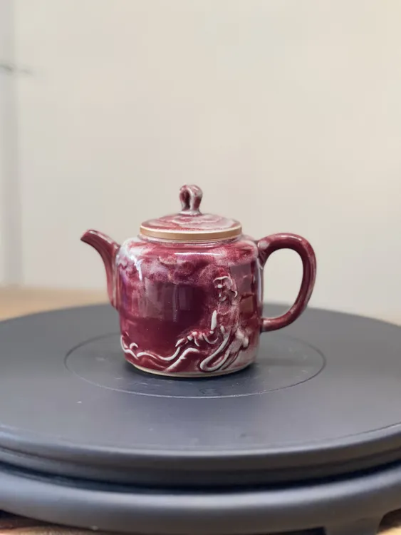 纯手工微雕，煤烧钧瓷茶壶