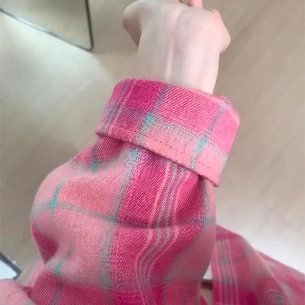 火龙果玫粉色格子衬衫男宽松慵懒风秋季长袖内搭叠穿衬衣外搭开衫