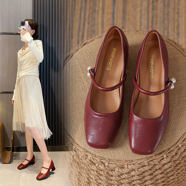 流行秋新款红色高跟鞋玛丽珍鞋甜美法式复古时髦洋气百搭真皮单鞋