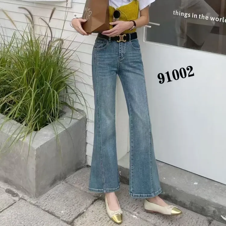91002喇叭裤牛仔裤显瘦气质百搭休闲开叉微喇高腰时尚修身直筒