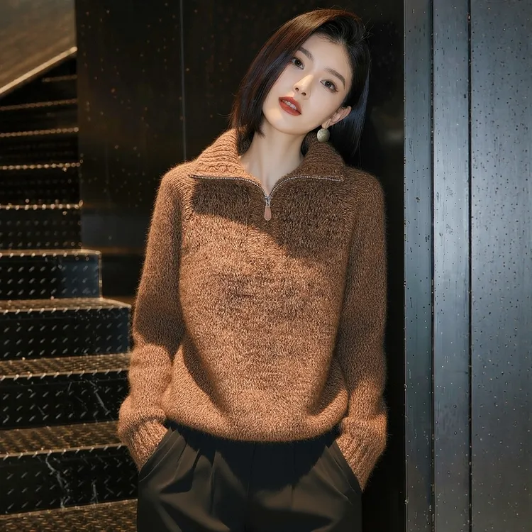 2025新款棕色半拉链翻领毛衣女秋冬内搭可外穿高级感显瘦针织上衣