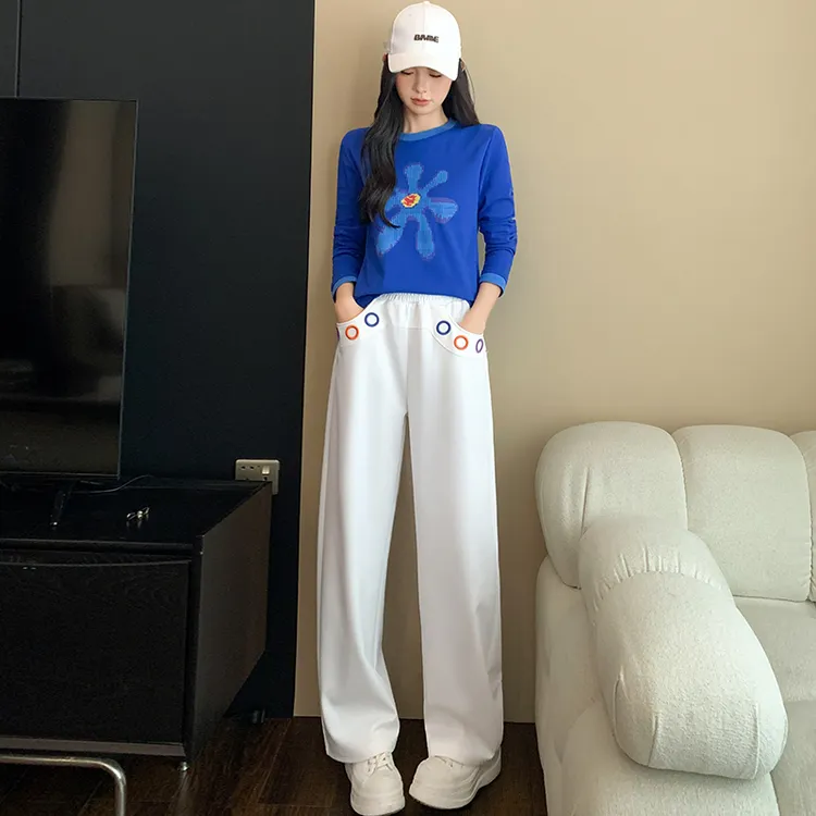 高级感盐系休闲运动套装女秋季洋气显瘦圆领长袖上衣阔腿裤两件套