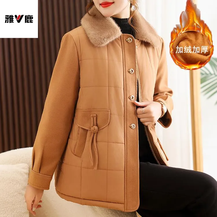 雅鹿妈妈冬装外套毛领服中老年保暖衣加绒加厚中年婆婆装袄