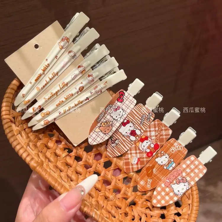 秋冬复古咖色猫咪鸭嘴夹格纹猫咪无痕发夹蝴蝶结边夹可爱百搭卡通