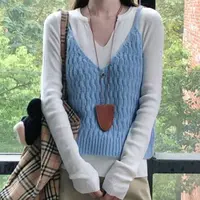 韩系蓝色V领吊带女2025早秋季高级气质修身长袖针织衫叠穿两件套
