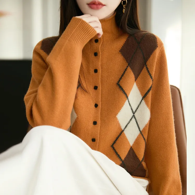 加厚菱形格卷边针织开衫外套女2026新款洋气大码女装上衣秋冬毛衣