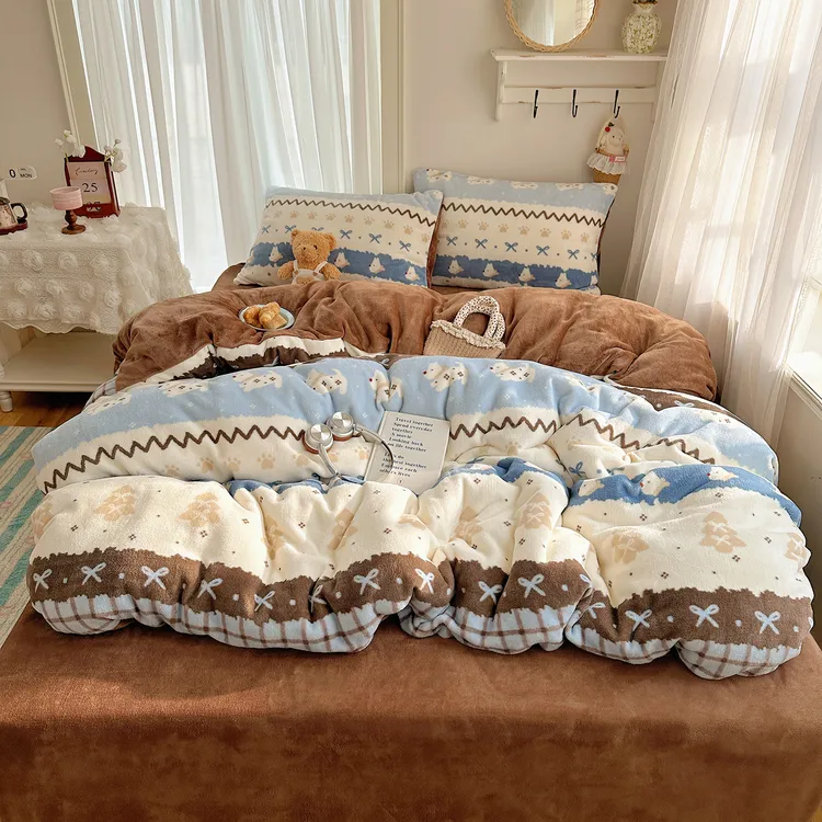 圣诞费尔岛新款ins风冬季牛奶绒四件套加厚加绒被套床单床上用品