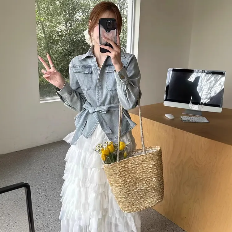 时尚复古翻领系带牛仔外套半身裙套装2025春季新款韩版百搭套装裙