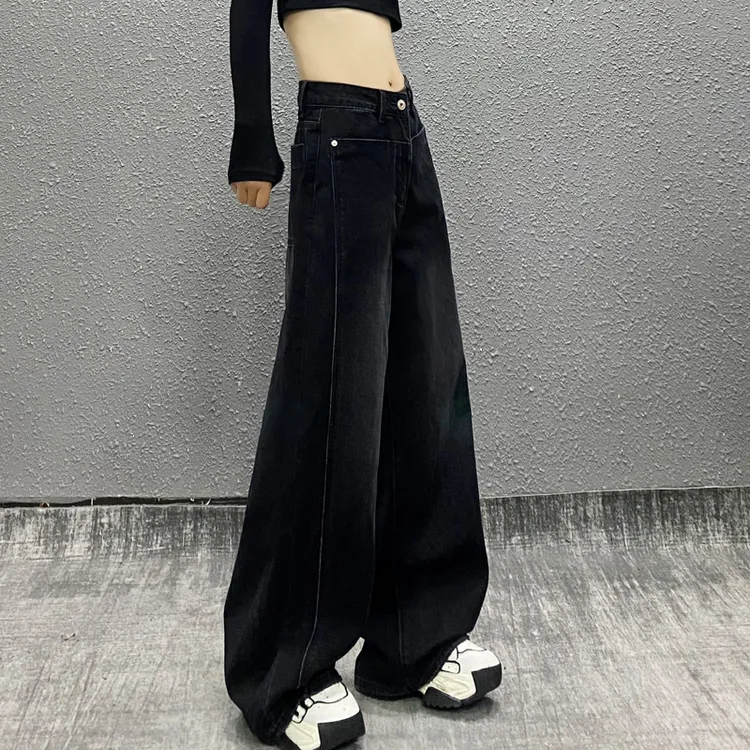 帅气口袋设计垂感休闲牛仔裤女秋新款高腰宽松显瘦百搭直筒阔腿裤