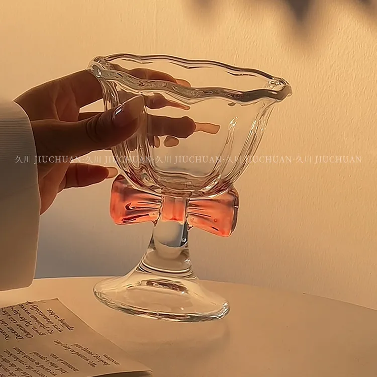 中古粉色蝴蝶结高脚杯子高颜值红酒杯香槟杯鸡尾酒杯咖啡玻璃杯子