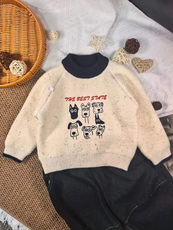 秋冬加绒加厚毛衣新款儿童印花小狗柔软亲肤宝宝套头衫打底