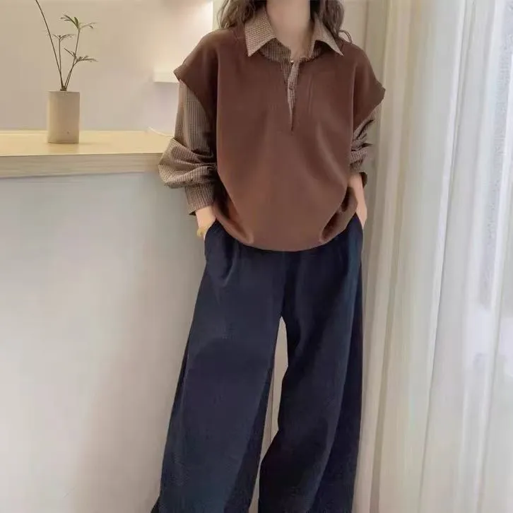 全棉独特漂亮假两件拼接格子长袖衬衫2025秋季新款大码mm上衣衬衣