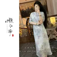 懒·江南「葡萄香」重磅刺绣手工开襟-100%苎麻夏季长款旗袍连衣裙