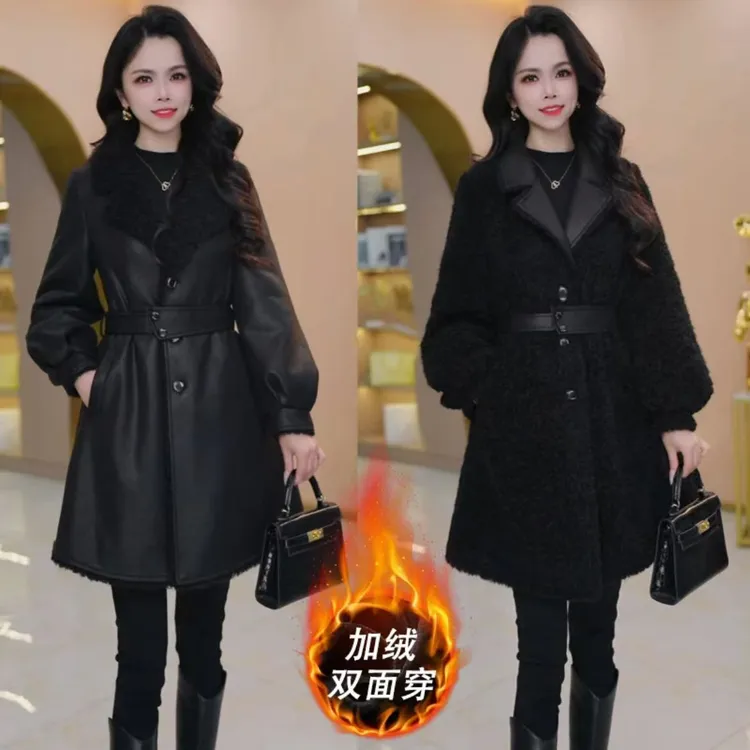 【双面穿】荔枝皮冬季加厚加绒优雅气质时尚大气收腰显瘦外套