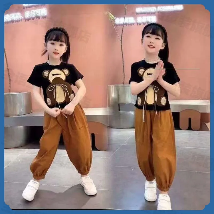 女童夏装短袖套装2025新款中大童时髦洋气薄款公主阔腿运动两件套