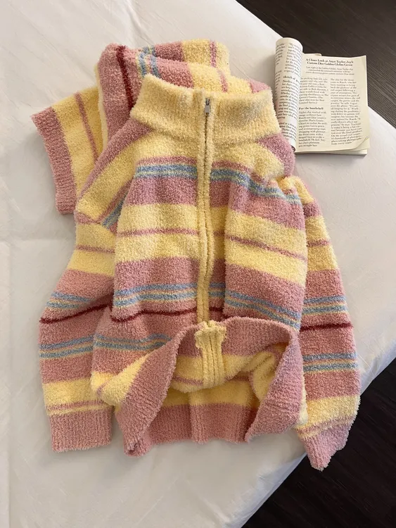 【DMXJ大梦想家】高级条纹开衫半边绒睡衣女冬款休闲舒适家居服套装