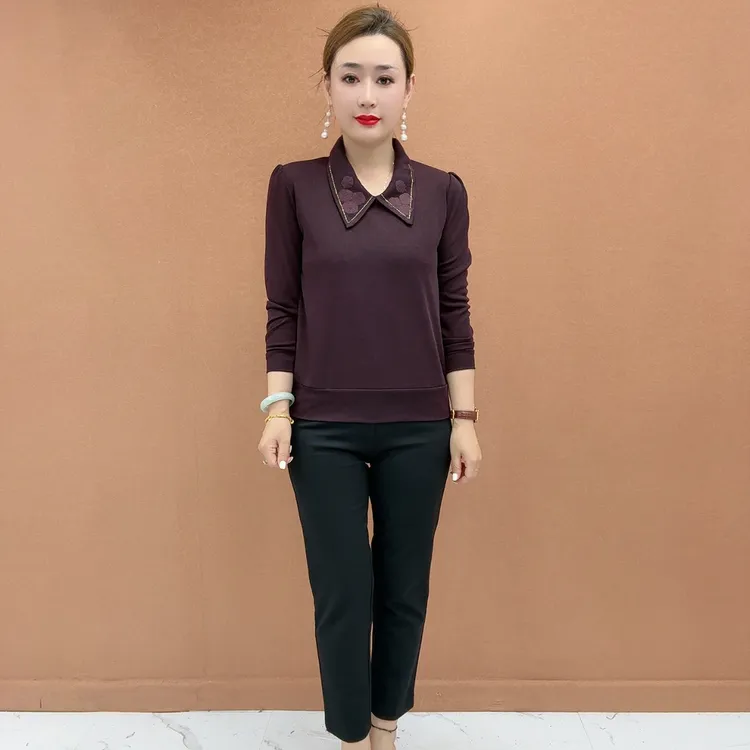 千之绣  新款中老年妈妈高性价3季度纯色翻领气质减龄针织小衫