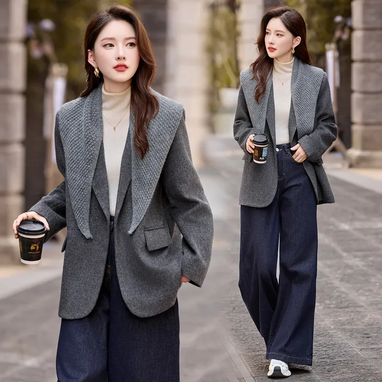 韩系搭配围巾毛呢西装外套女2025年新款大衣高级感时尚呢子西服潮