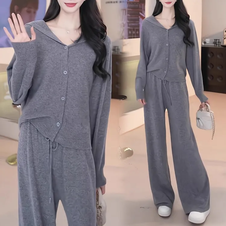 松驰感时尚运动套装女2025春秋新款连帽针织卫衣外套休闲裤两件套