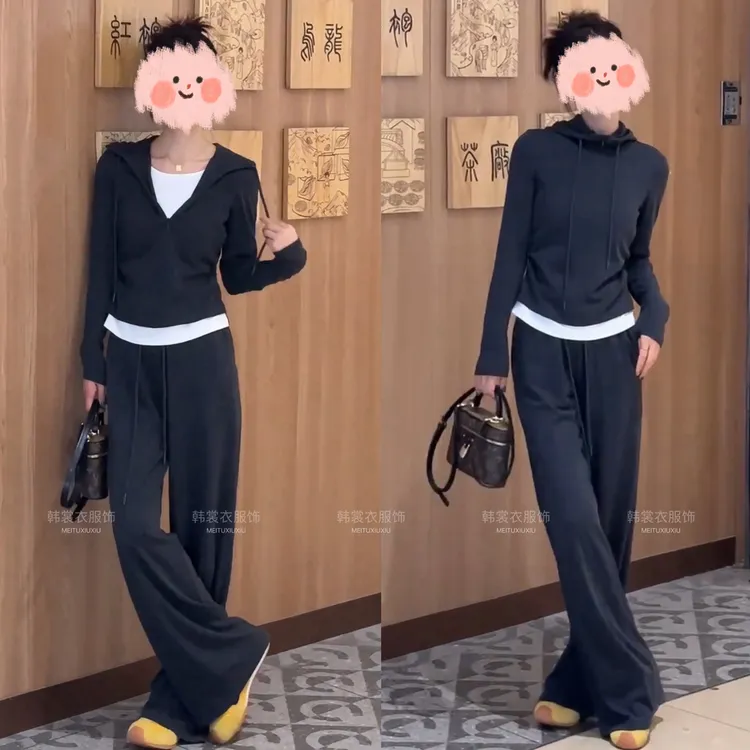秋季新款时尚半拉链连帽拼色假两件长袖阔腿裤套装
