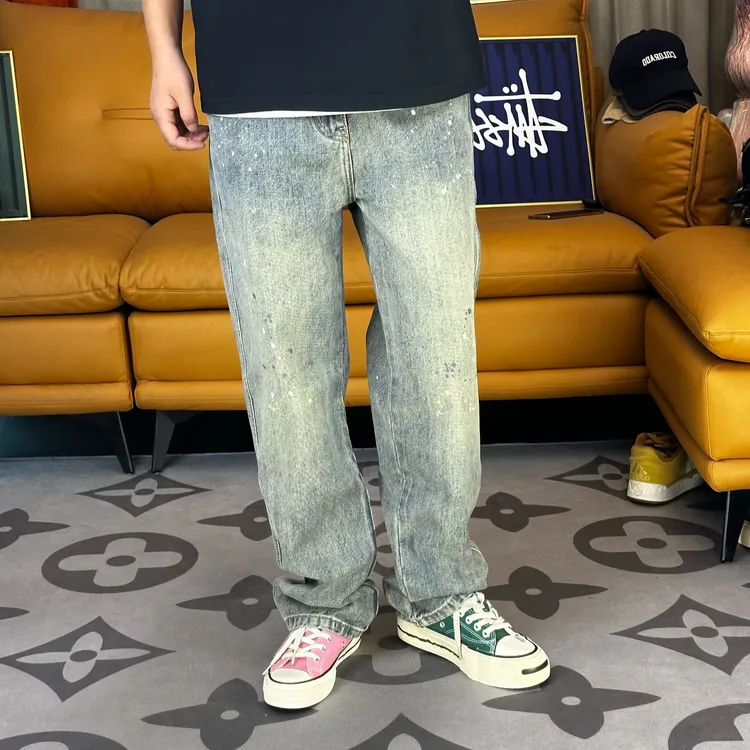 新款潮牌秋冬季新款复古做旧泼墨泼漆宽松直筒炸街牛仔裤男款长裤