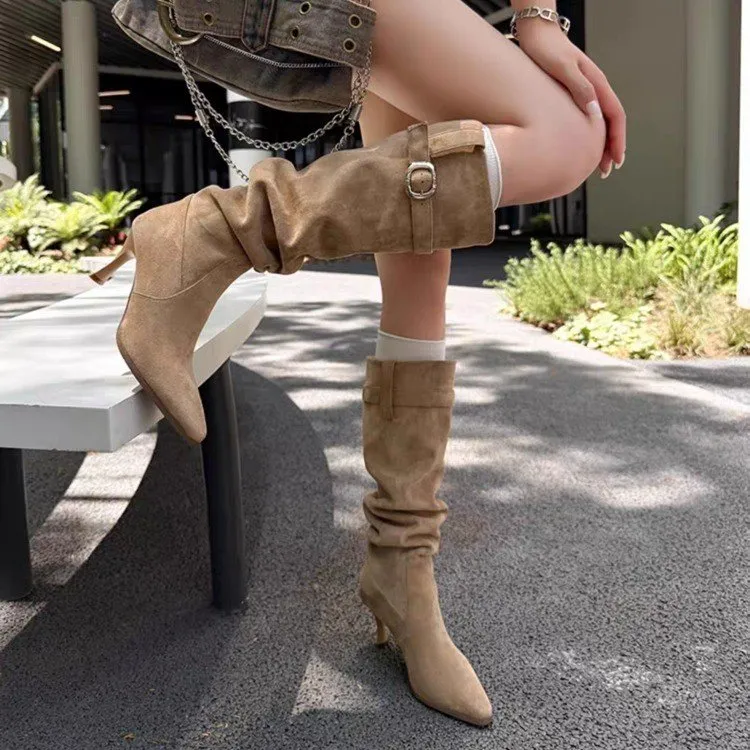 大筒围女靴时髦尖头堆堆靴褶皱细跟高筒靴子瘦瘦靴高跟不过膝长靴
