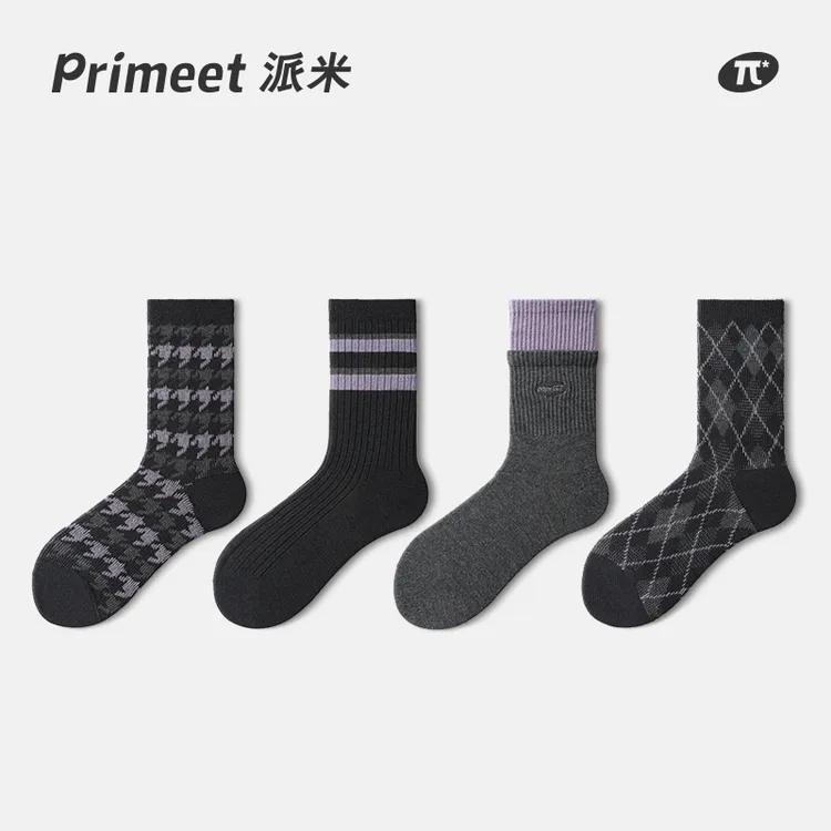 primeet派米羊毛袜子女秋冬中筒袜菱格堆堆袜加厚保暖黑色长筒袜