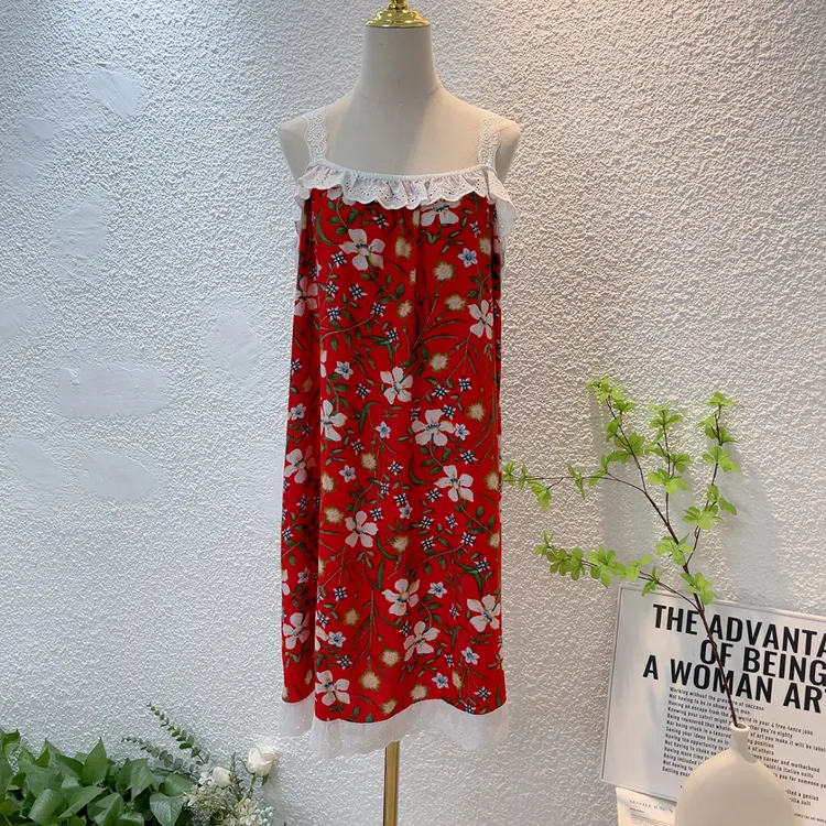 夏季人造棉棉绸吊带睡裙女轻薄款短款碎花宽松无袖家居服大码甜美
