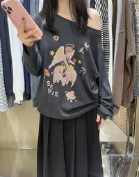 温柔瑶-Eleven秋款福利#斜肩松弛感卡通印花长袖#1793