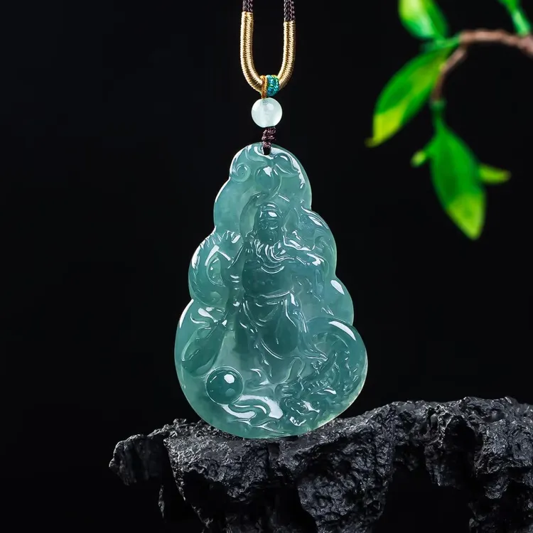 天然危料翡翠a货蓝水糯种关公武财神男士玉佩女士挂件绿色气质