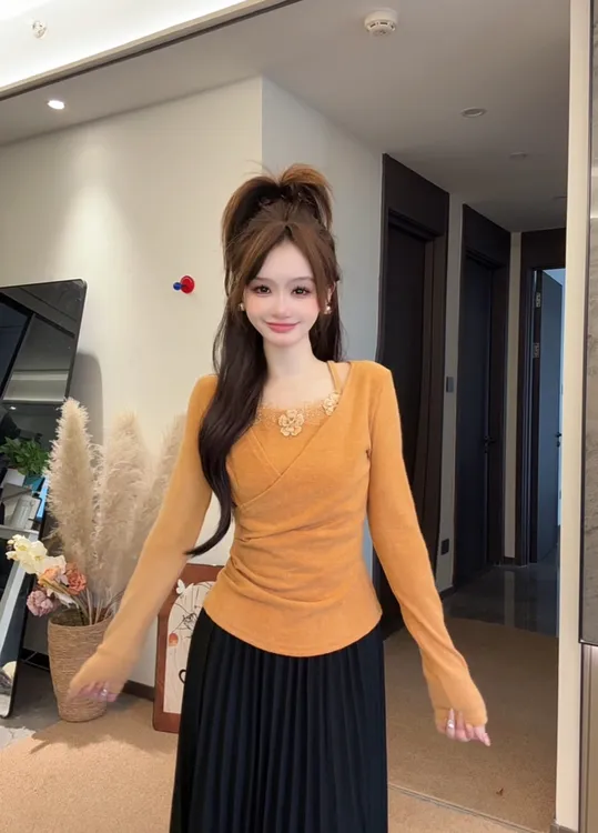 法式重工花朵蕾丝荡领磨毛长袖女秋冬内搭修身针织绝美假两件上衣