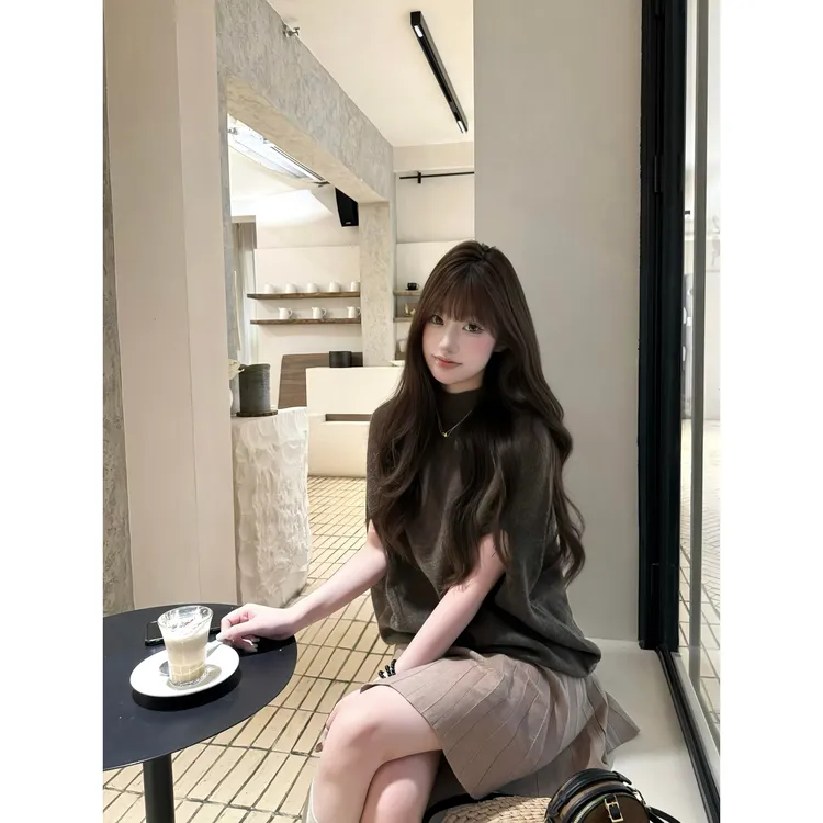 MARIE.COCO美拉德半高领斗篷针织衫毛衣上衣高腰百褶短裙秋冬套装