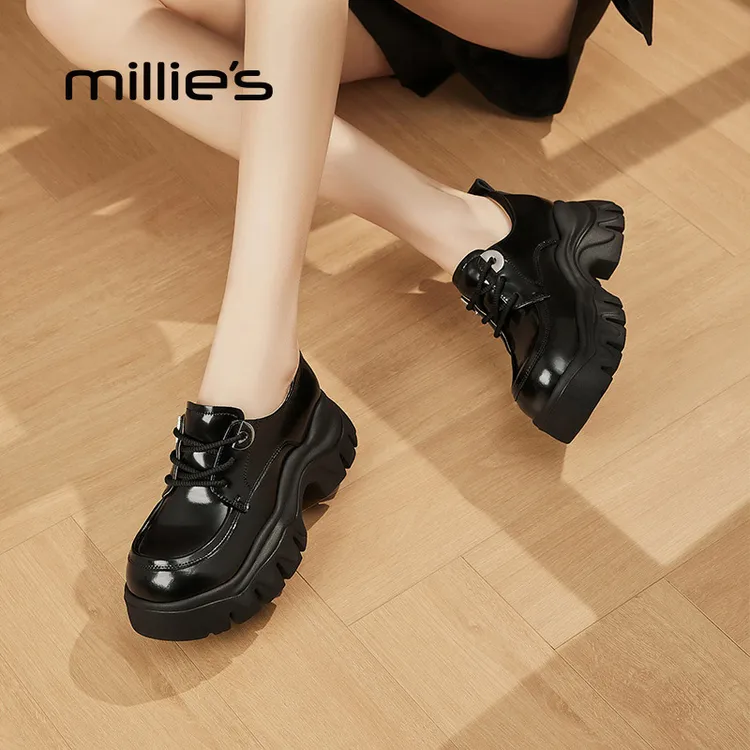 妙丽厚底乐福鞋女2025新款春秋英伦风黑色上班单鞋增高系带小皮鞋