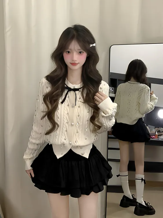 小香风蝴蝶结麻花针织开衫上衣女设计感白色甜美气质毛衣外套秋冬