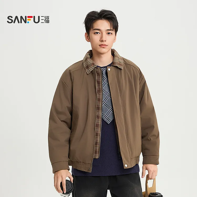 SANFU/三福秋冬琥珀风假两件拼接格子翻领夹克休闲棉服外套498657