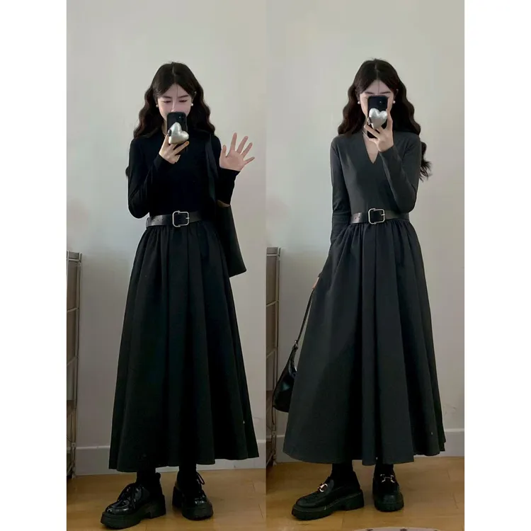 大码韩版chic高级感简约V领拼接时尚气质百搭连衣裙配腰带