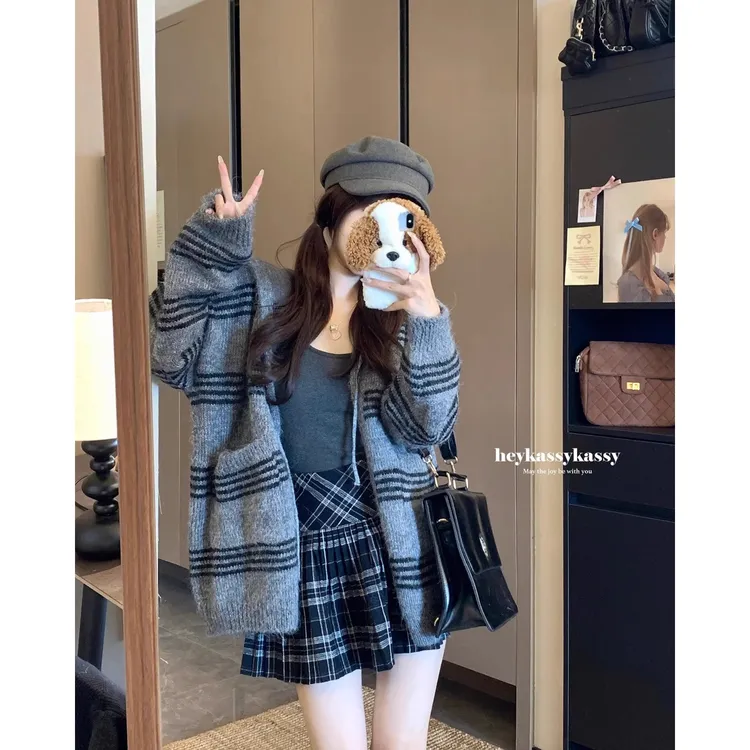 韩系早秋季慵懒风撞色条纹毛衣开衫外套女宽松休闲连帽针织衫上衣