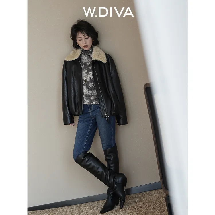 W.Diva【焦点皮衣】英国进口复古羊皮夹克羊毛毛领皮鹅绒54C303443