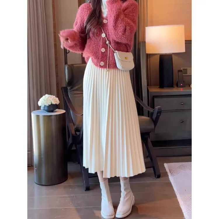 白色半身裙百褶裙女春季2025新款轻奢垂感高腰显瘦a字裙气质长裙